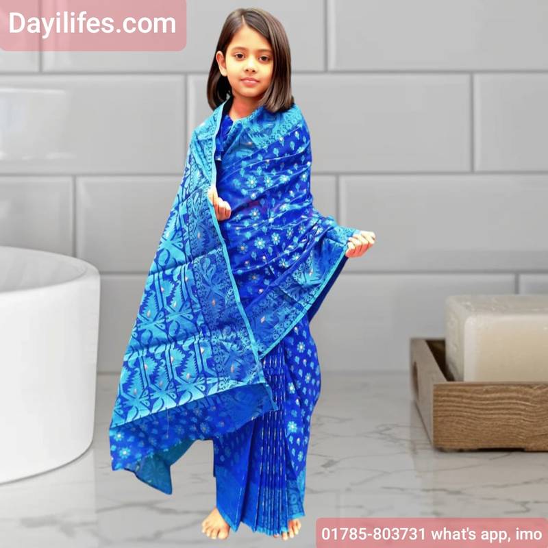 বাচ্চাদের জন্য রেডিমেড জামদানি শাড়ি ব্লাউজ সহ -নীল কালার